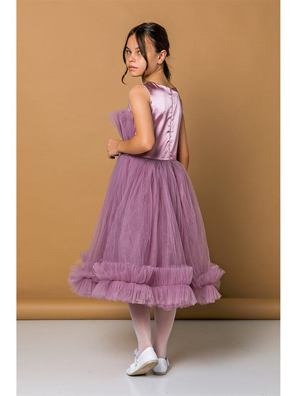 Crew Neck Tulle Detailed Girl's Dress