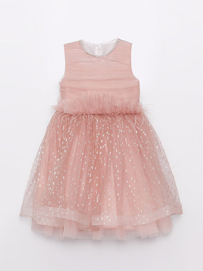 Crew Neck Printed Girl's Tulle Dress