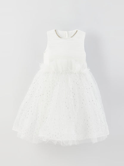 Crew Neck Printed Girl's Tulle Dress