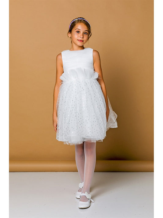 Crew Neck Printed Girl's Tulle Dress