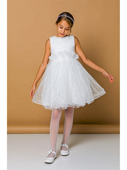 Crew Neck Printed Girl's Tulle Dress