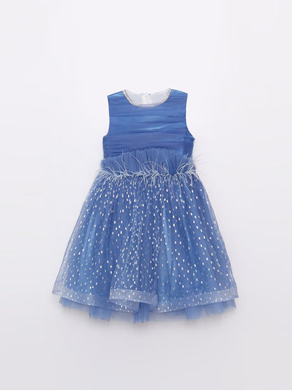 Crew Neck Printed Girl's Tulle Dress