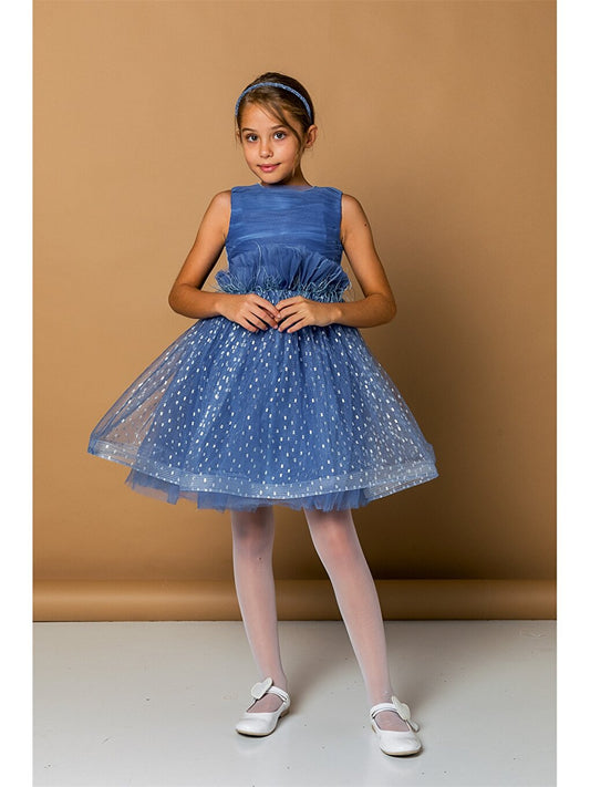 Crew Neck Printed Girl's Tulle Dress