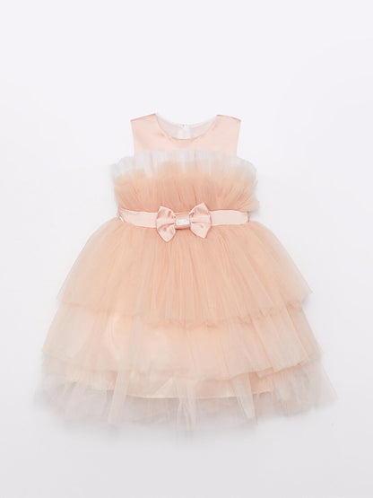 Crew Neck Tulle Detailed Girl's Dress