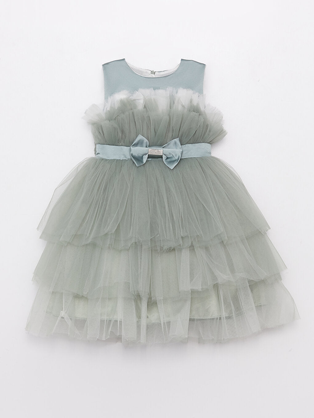 Crew Neck Tulle Detailed Girl's Dress