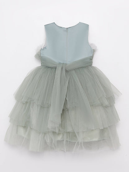 Crew Neck Tulle Detailed Girl's Dress