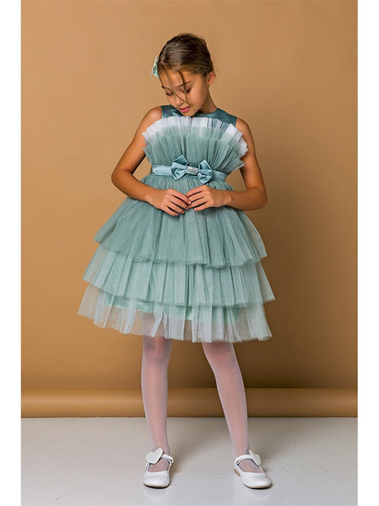 Crew Neck Tulle Detailed Girl's Dress