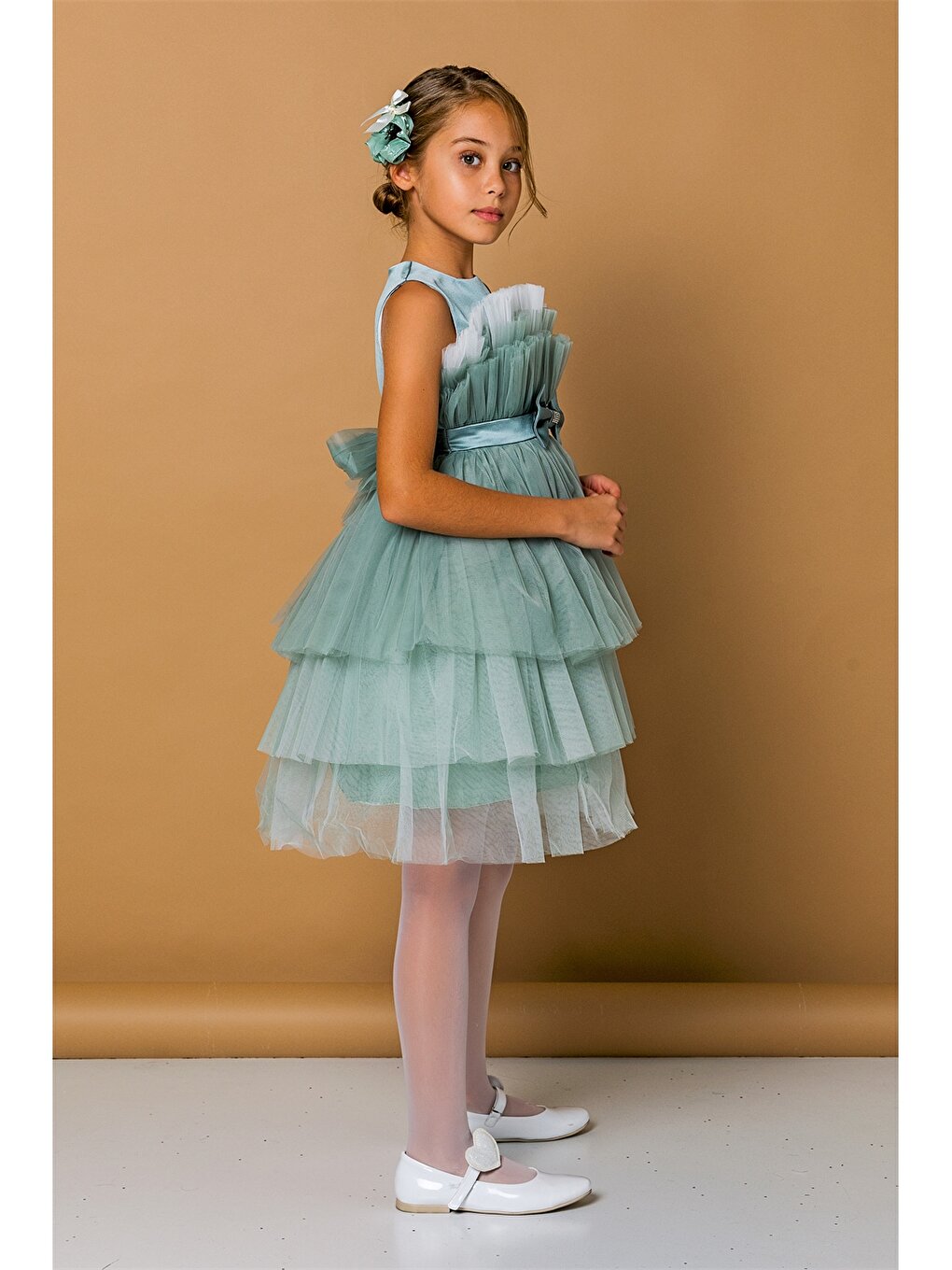 Crew Neck Tulle Detailed Girl's Dress