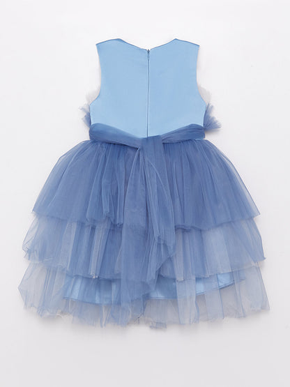 Crew Neck Tulle Detailed Girl's Dress