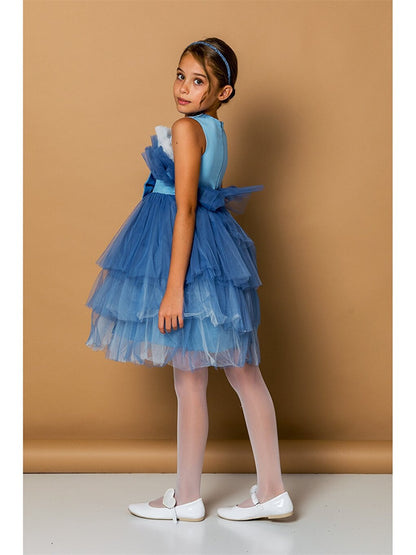 Crew Neck Tulle Detailed Girl's Dress