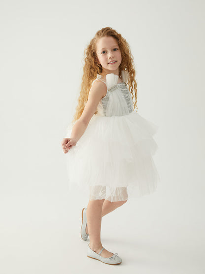 Crew Neck Glitter Detailed Girl's Tulle Dress