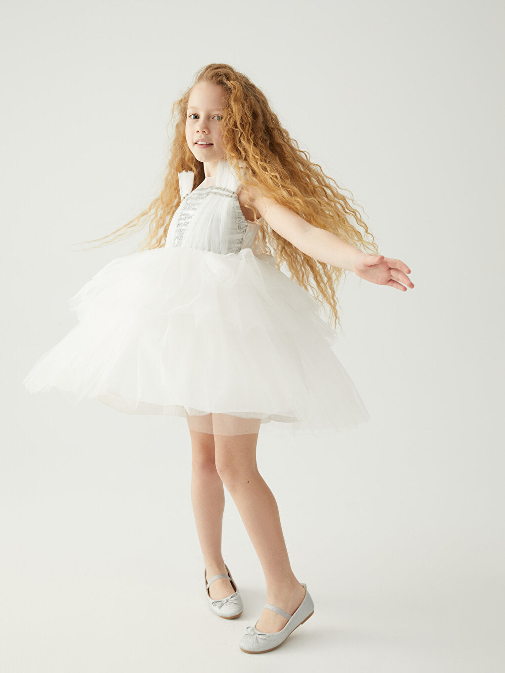 Crew Neck Glitter Detailed Girl's Tulle Dress