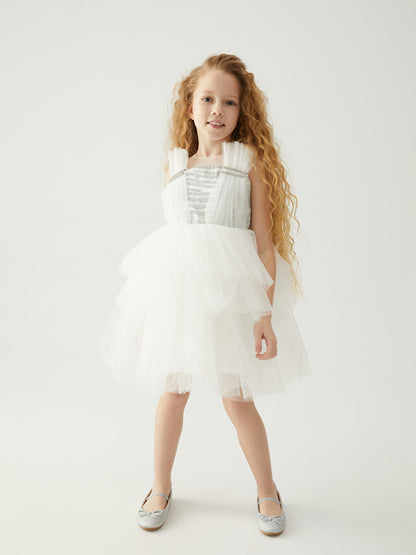 Crew Neck Glitter Detailed Girl's Tulle Dress