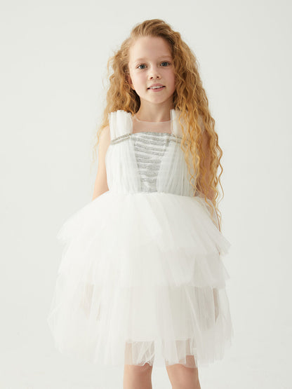 Crew Neck Glitter Detailed Girl's Tulle Dress