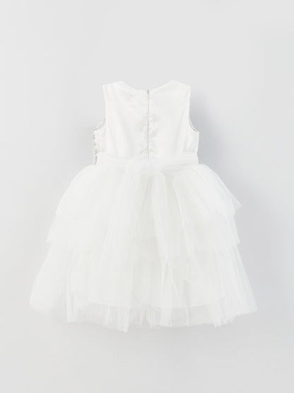 Crew Neck Glitter Detailed Girl's Tulle Dress