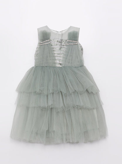 Crew Neck Glitter Detailed Girl's Tulle Dress