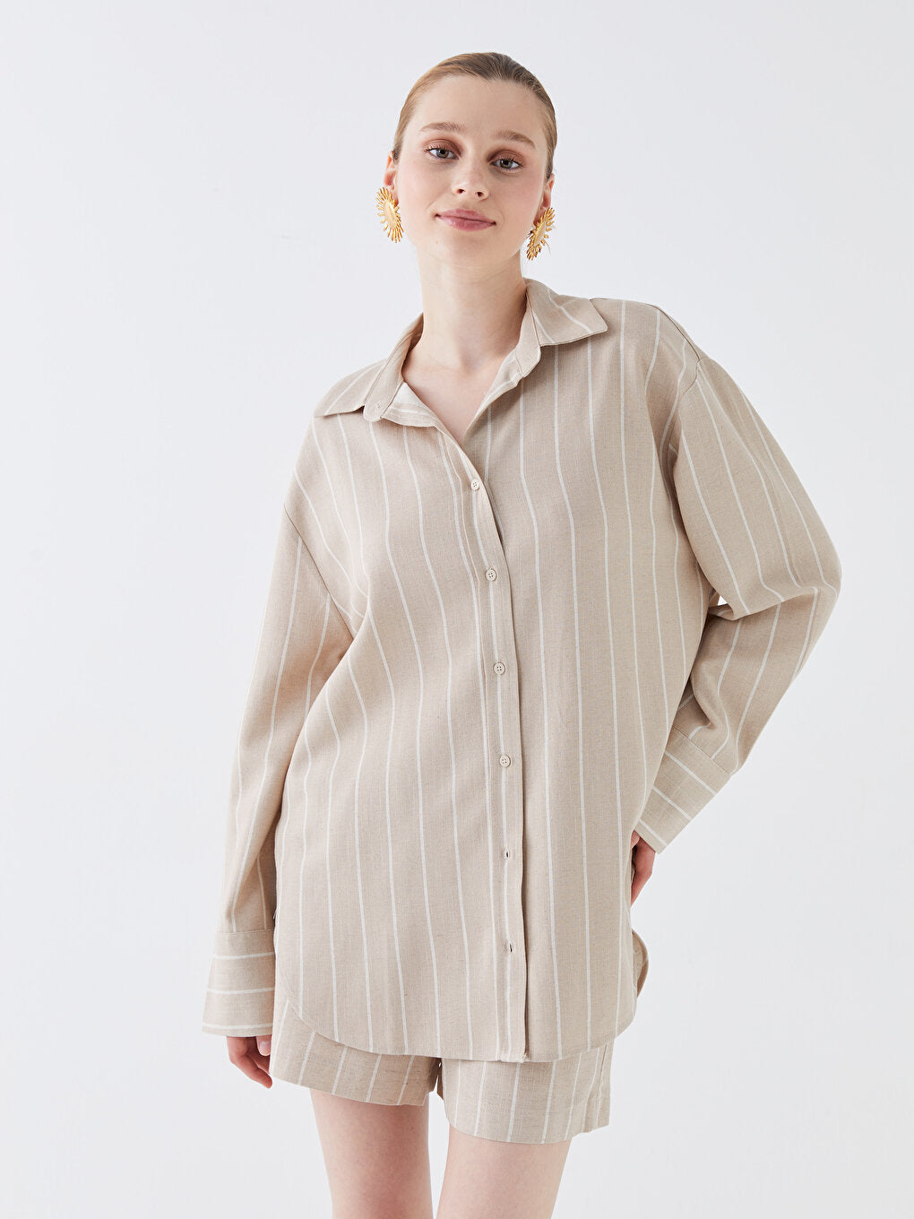 Striped Long Sleeve Oversize Linen Blend Women's Shirt