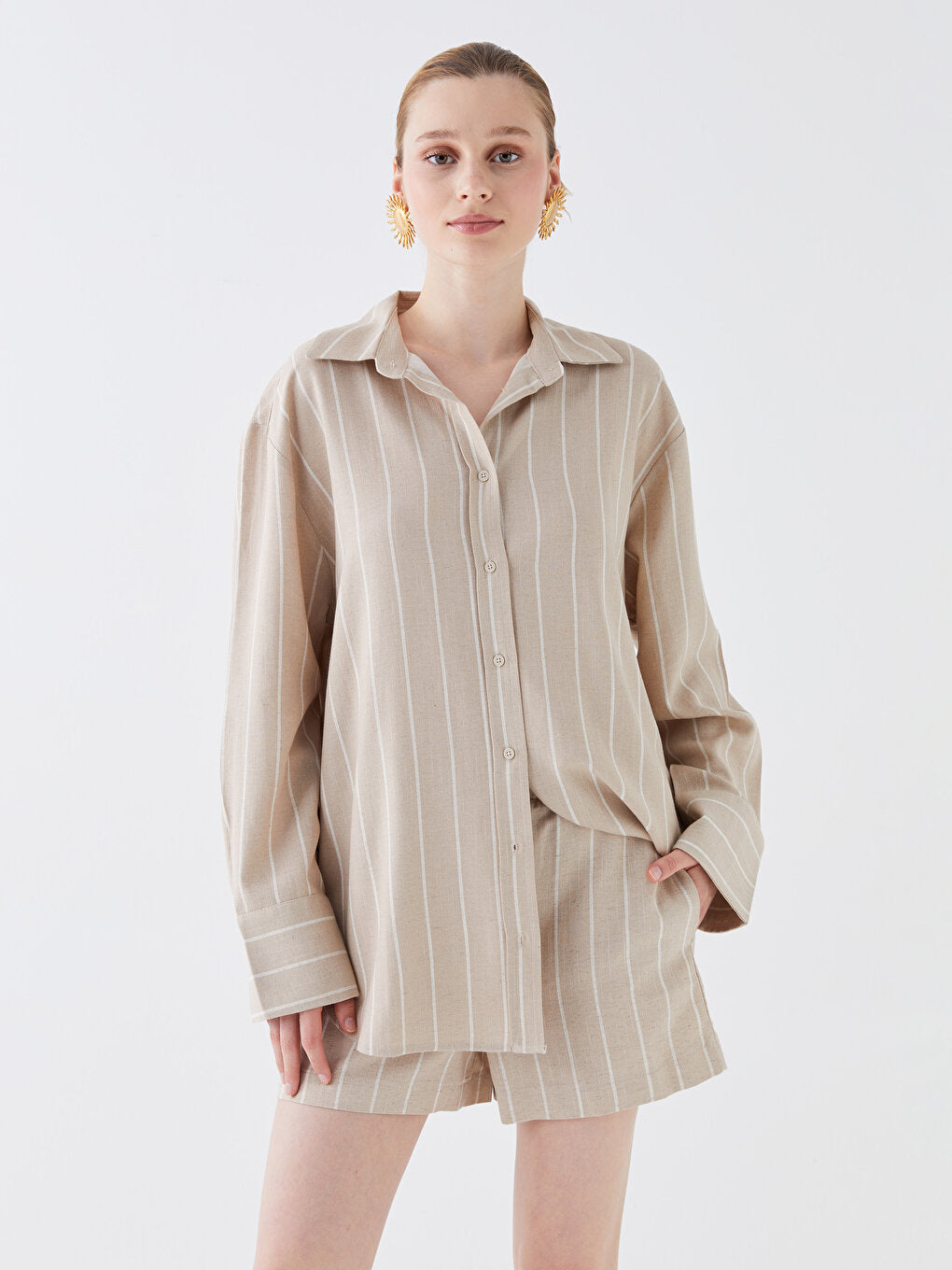 Striped Long Sleeve Oversize Linen Blend Women's Shirt