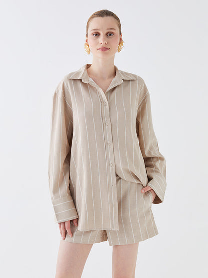 Striped Long Sleeve Oversize Linen Blend Women's Shirt