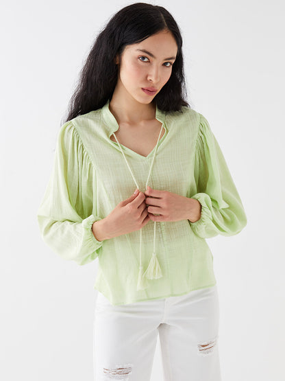 Tie Collar Plain Long Sleeve Oversize Women's Blouse