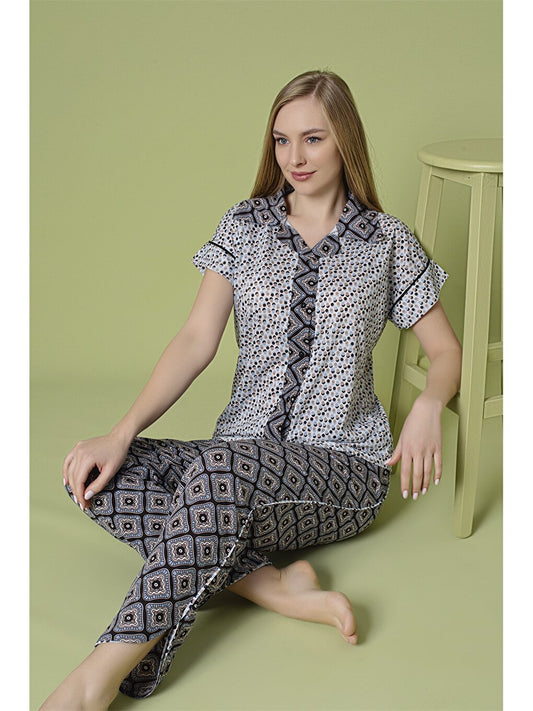 Shirt Collar Patterned Short Sleeve Women's Pajama Set