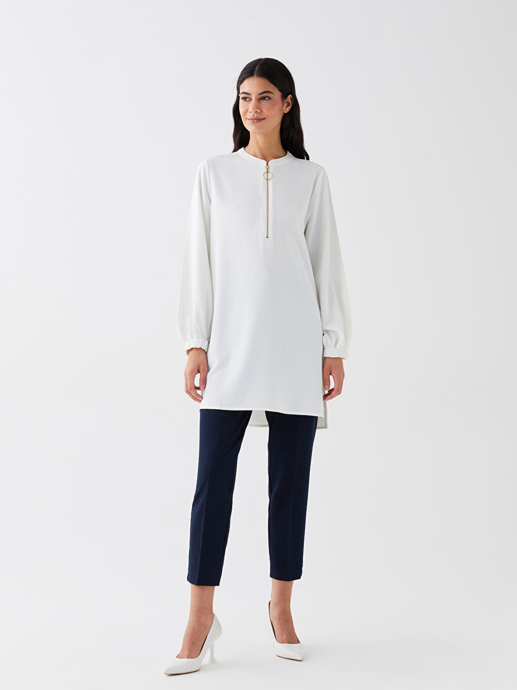 Loose Collar Plain Long Sleeve Women's Tunic