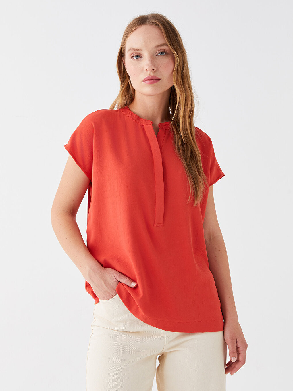 Loose Collar Plain Short Sleeve Women's Blouse