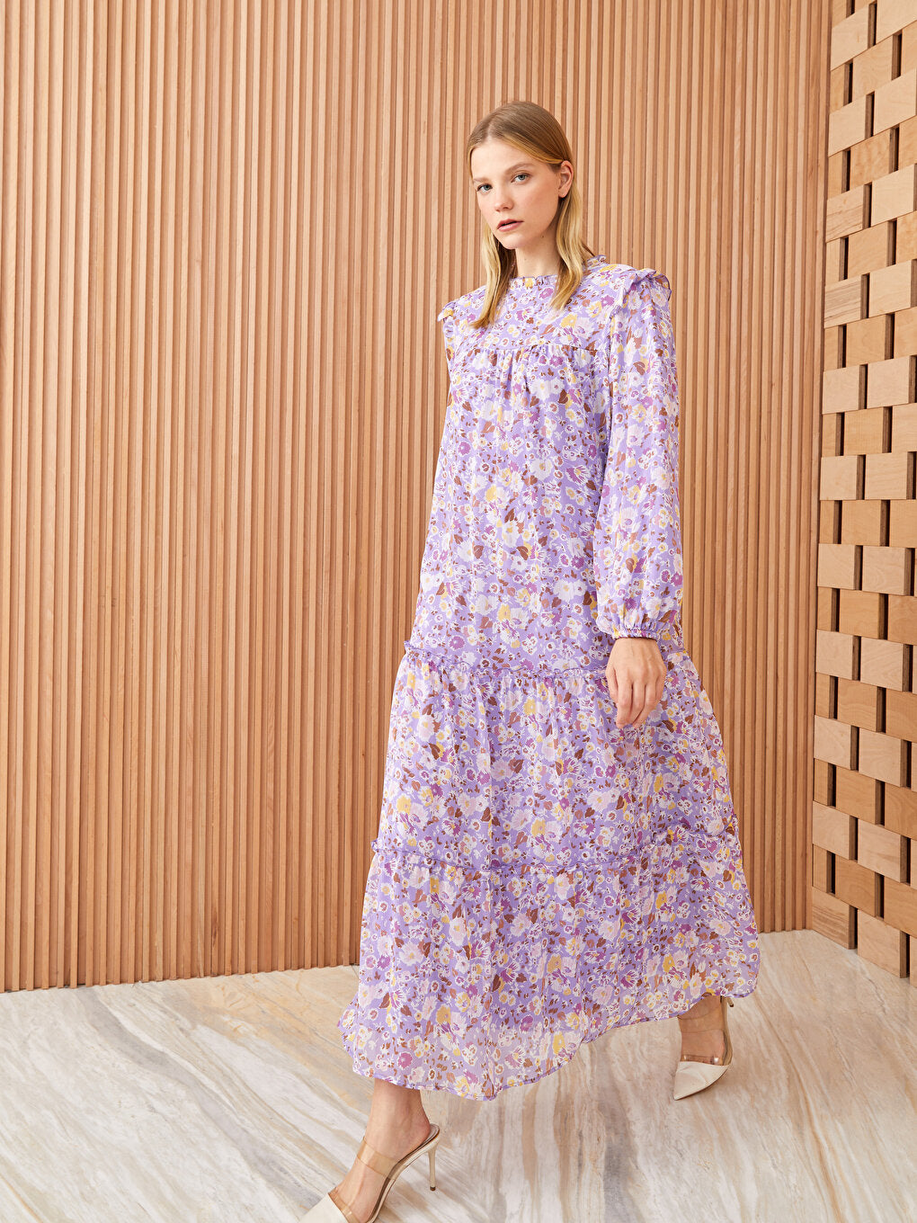 Ruffled High Collar Floral Long Sleeve Chiffon Women's Dress