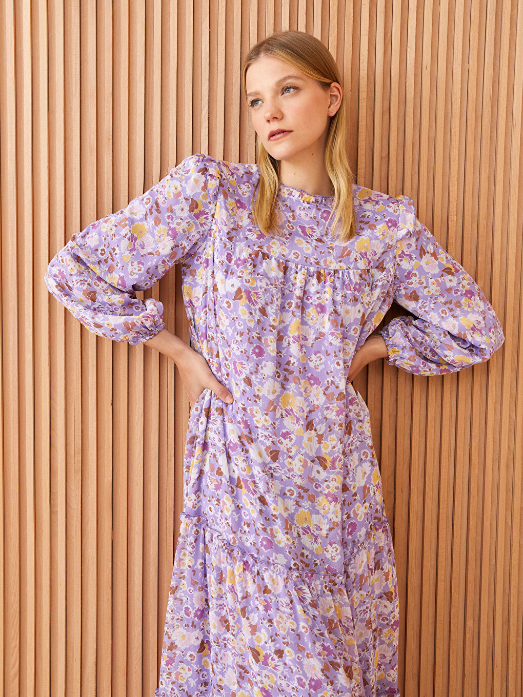 Ruffled High Collar Floral Long Sleeve Chiffon Women's Dress