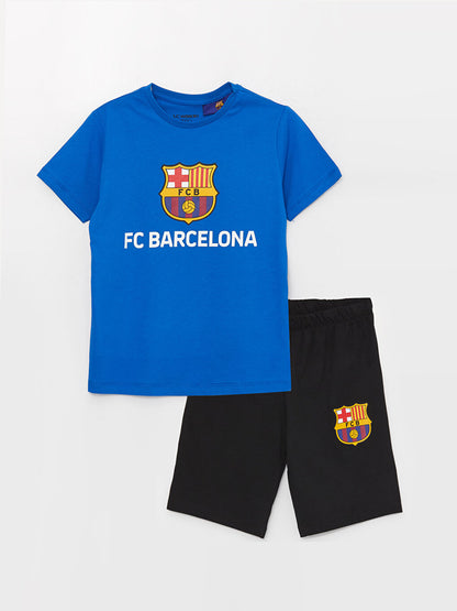 Crew Neck Barcelona Printed Short Sleeve Boy's Pajama Set with Shorts