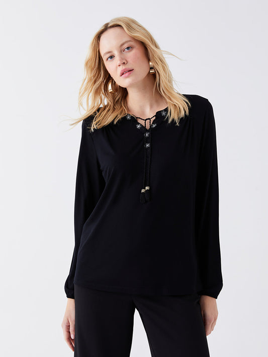 Tie Collar Embroidered Long Sleeve Women's Blouse