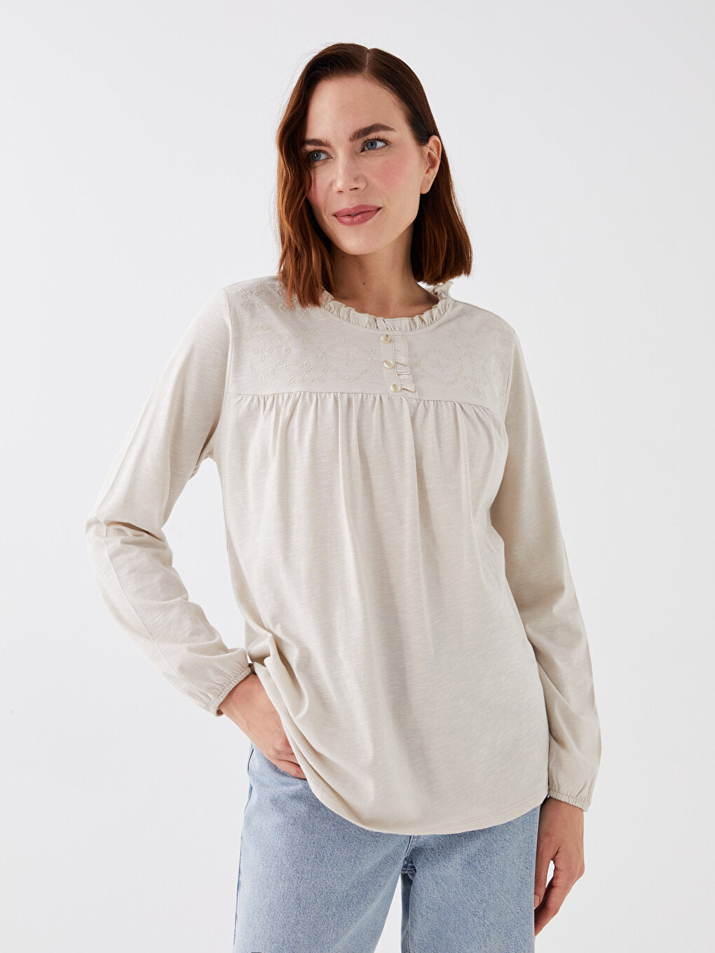 Crew Neck Embroidered Long Sleeve Women's Blouse