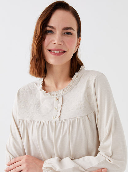 Crew Neck Embroidered Long Sleeve Women's Blouse