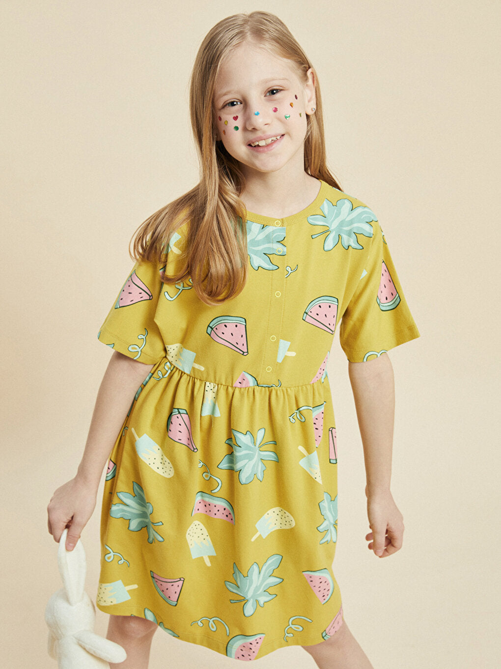 Crew Neck Patterned Short Sleeve Girl's Dress