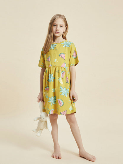 Crew Neck Patterned Short Sleeve Girl's Dress