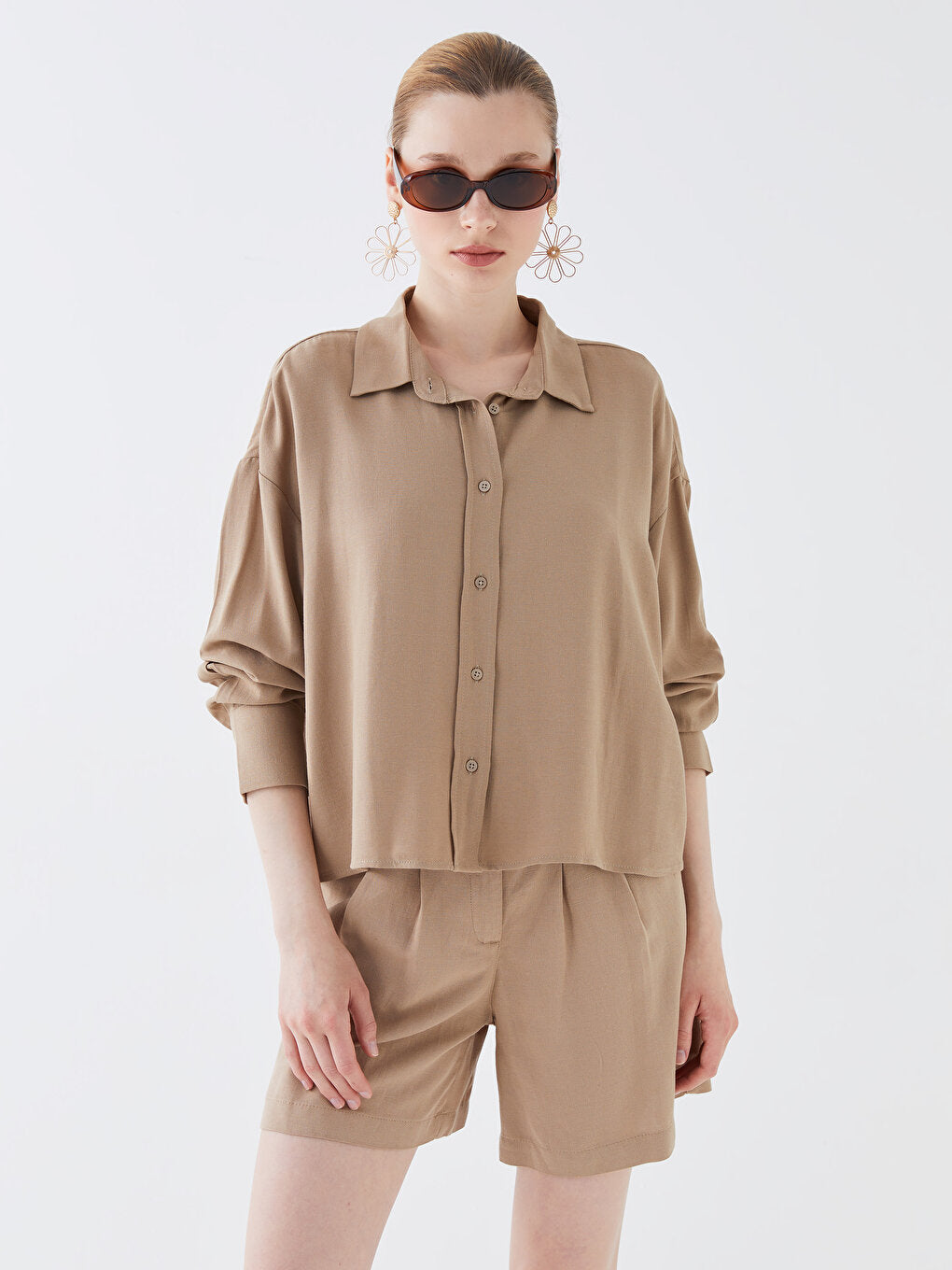 Plain Long Sleeve Oversize Linen Blend Women's Shirt