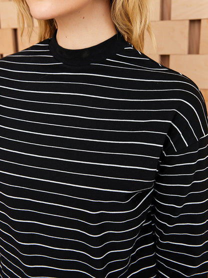 High Collar Striped Long Sleeve Women's Sweatshirt Tunic