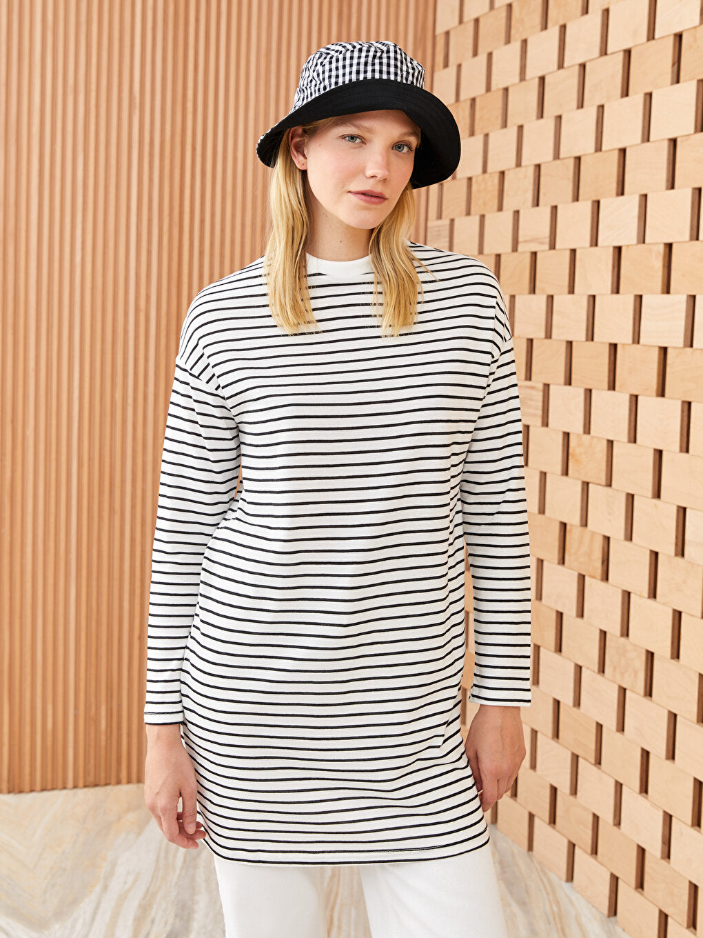 High Collar Striped Long Sleeve Women's Sweatshirt Tunic