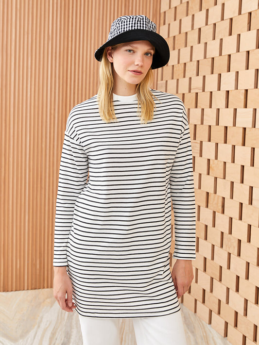 High Collar Striped Long Sleeve Women's Sweatshirt Tunic