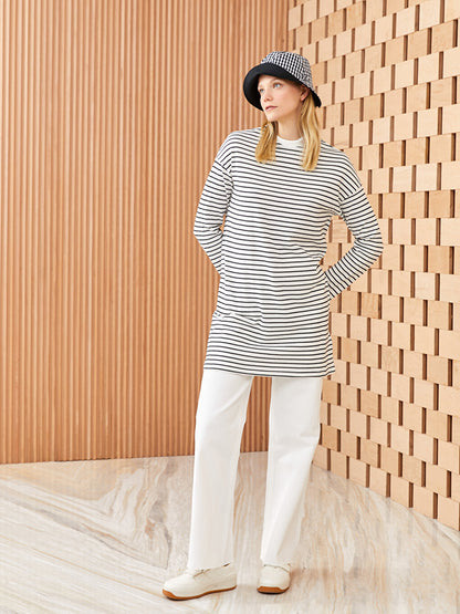 High Collar Striped Long Sleeve Women's Sweatshirt Tunic