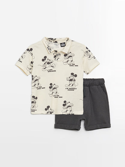 Polo Neck Short Sleeve Mickey Mouse Printed Baby Boy T-Shirt and Shorts 2-Piece Set