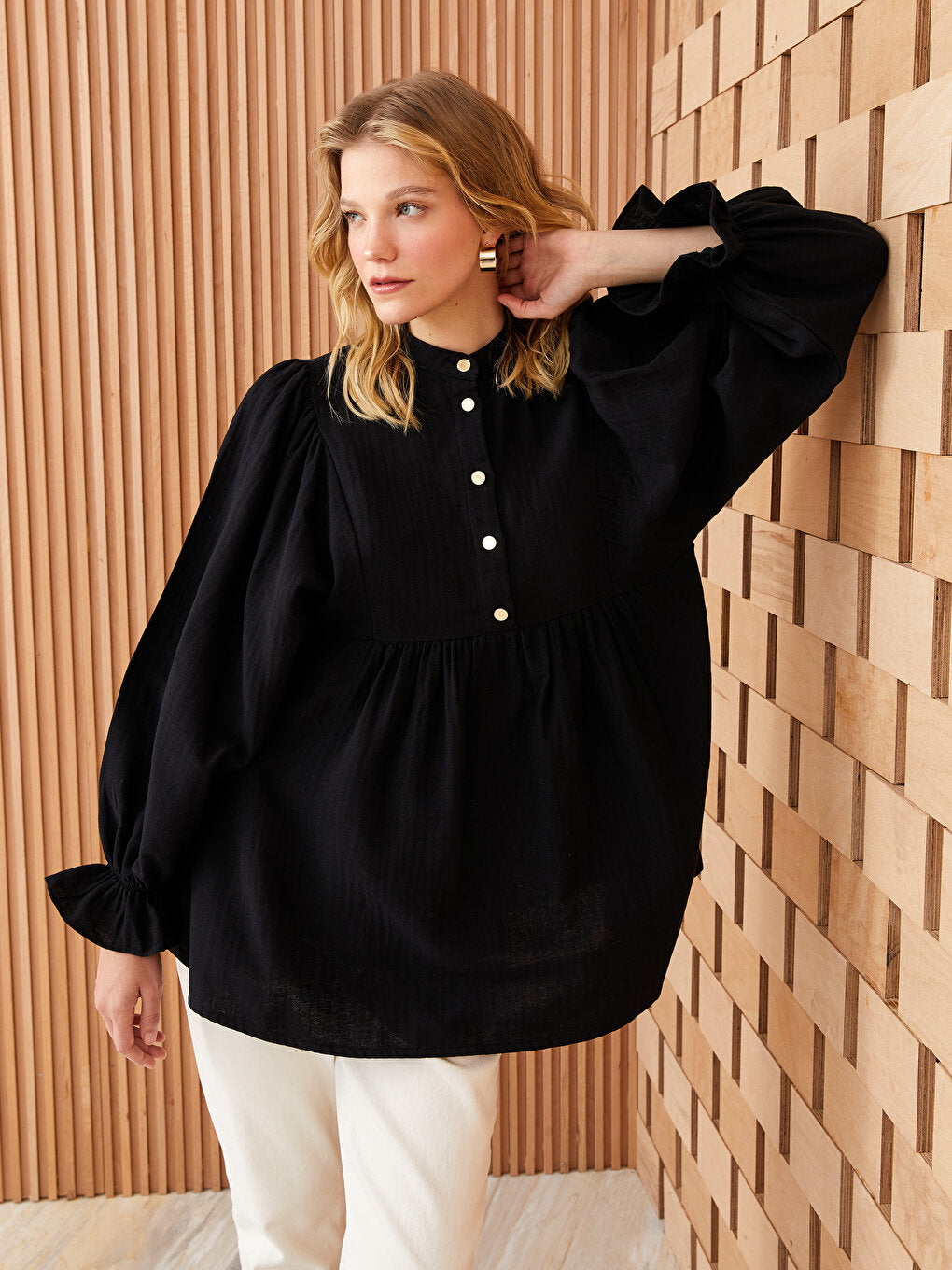 Magnificent Collar Straight Long Sleeve Oversize Muslin Women's Tunic