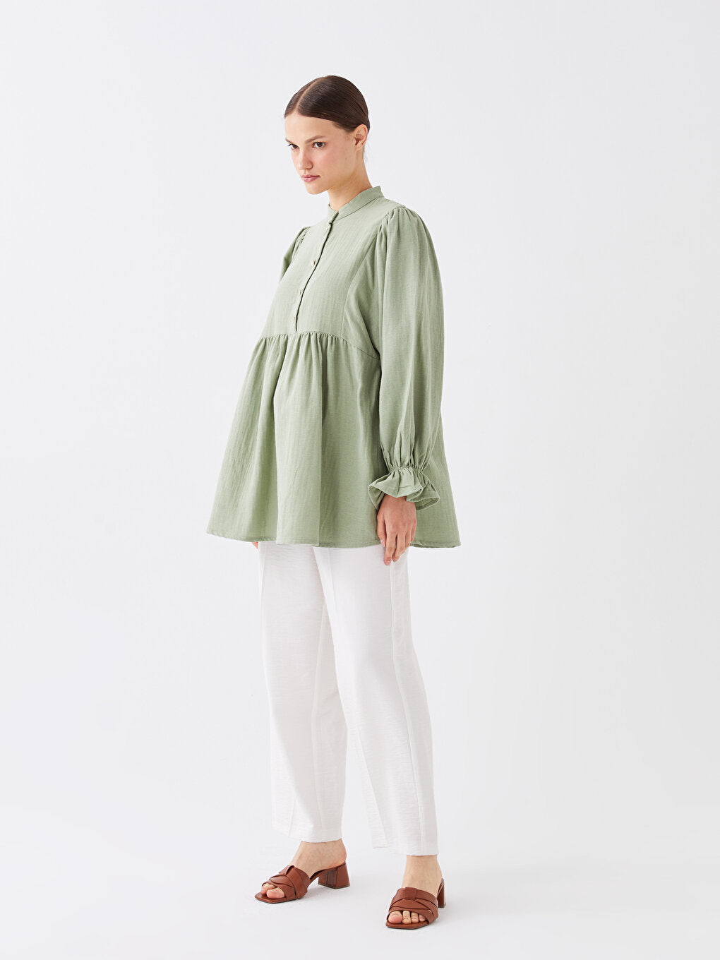 Magnificent Collar Straight Long Sleeve Oversize Muslin Women's Tunic