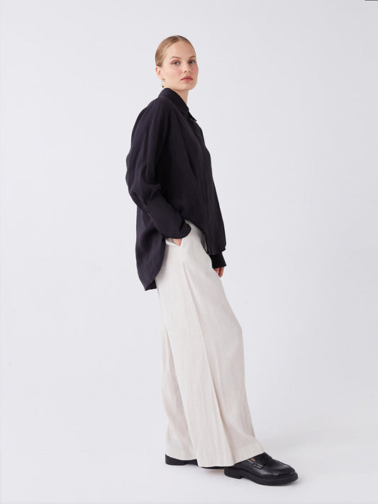 Plain Linen Blend Women's Trousers with Elastic Waist