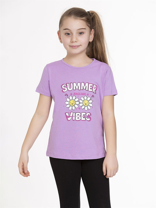 Crew Neck Printed Short Sleeve Girls' T-Shirt