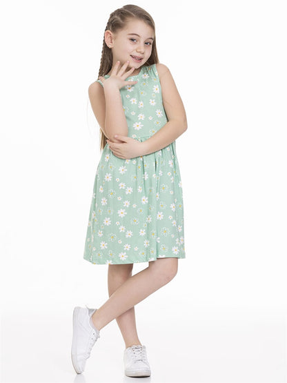 Crew Neck Patterned Girl's Dress