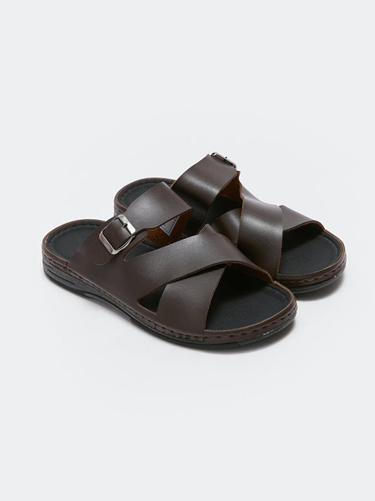 Leather Look Men's Slippers with Cross Straps