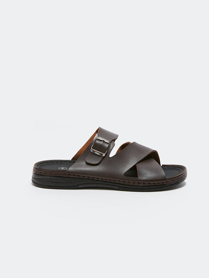 Leather Look Men's Slippers with Cross Straps