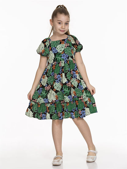 Square Neck Patterned Short Sleeve Girl's Dress