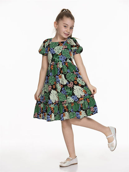 Square Neck Patterned Short Sleeve Girl's Dress